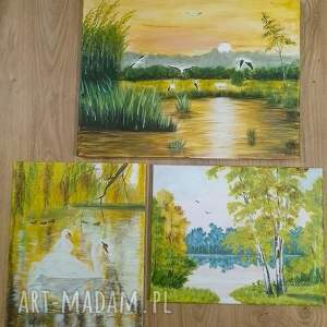 Prezent ZESTAW RĘCZNIE MALOWANYCH OBRAZÓW - TRYPTYK ECHA PTASICH