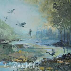 Rozlewisko. Akryl na płótnie, żurawie, przyroda, spokój
