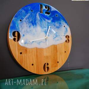 ręcznie robione zegary zegar ścienny z drewna, dąb, żywica, fale, morze, 35