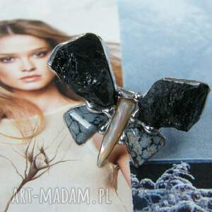 regulowany pierścionek motyl z czarnym turmalinem, kamieniem