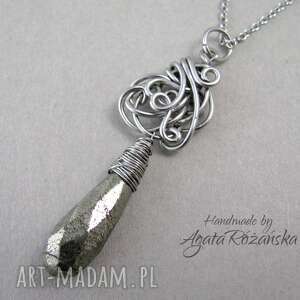 handmade wisiorki wisiorek z pirytem, wire wrapping, stal chirurgiczna