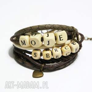 bransoletka - moje serce rzemienie, drewniane koraliki dla niej prezent
