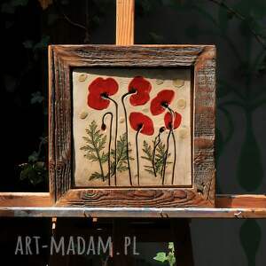Ceramiczny obraz maki nr 1 34x34 cm - szkliwiona ceramika w drewnianej ramie