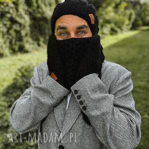 męski mały komin merino czarny z jedwabiem na drutach