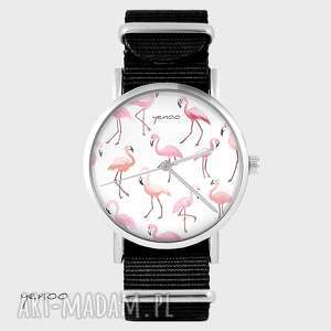 handmade zegarki zegarek - flamingi - czarny, nato