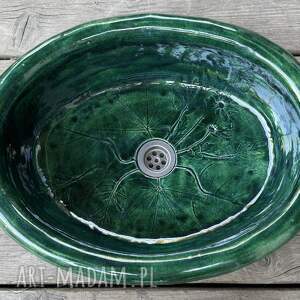 Umywalka ceramiczna z roślinami - butelkowa zieleń, ręcznie robiona