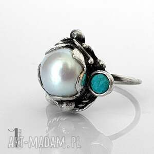 miechunka perłowo turkusowy i srebrny pierścionek, metaloplastyka srebro