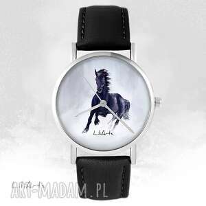 handmade zegarki zegarek - czarny koń czarny, skórzany, unisex