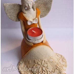 handmade ceramika anioł rozłożysty ze świeczką