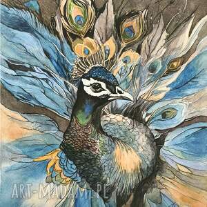 czujność pawia, akwarela 24 x 32 cm, ptaki, zwierzęta