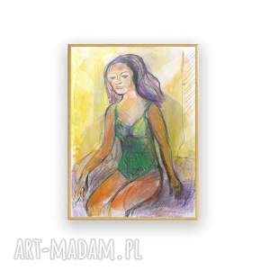dziewczyna obrazek ręcznie malowany, oprawiony szkic, grafika z kobietą, rysunek