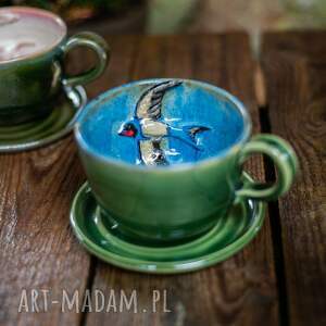 handmade ceramika filiżanka do herbaty z ptaszkiem - letnia jaskółka - 320