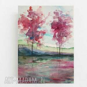 praca formatu A5, pejzaż, drzewa, akwarela