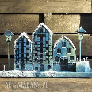 dekoracja z drewna, ręcznie malowana - domki zimowe spichrze prezent