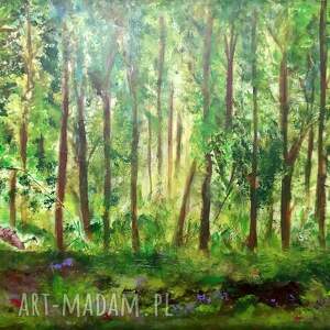 las - obraz malowany na płótnie, technika mieszana, zieleń, drzewa, światło