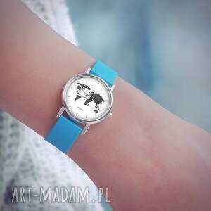 handmade zegarki zegarek mały - mapa świata silikonowy, niebieski