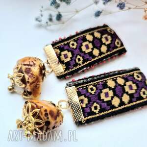 kolczyki w kolorze złotym i fioletowym boho elementy ze stali nierdzewnej nie