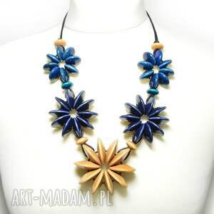 pmpb style niebiesko - brązowe korale drewniane kwiaty długi naszyjnik