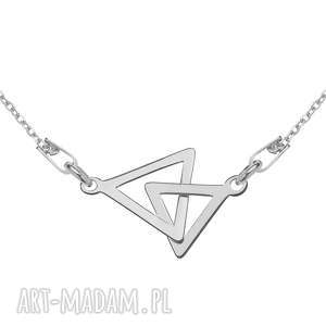 srebrny naszyjnik z dwoma trójkątami, łańcuszkowy, geometryczny dwa