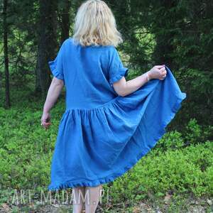 aga niebieska sukienka lniana z falbankami 100 len na lato, lnu