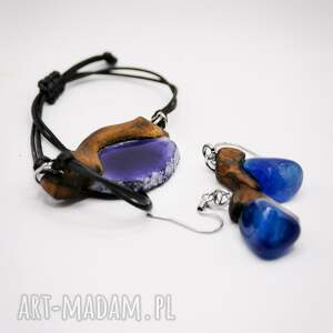 bransoletka i kolczyki - niebieski agat - pirografia - Sztuka Po Godzinach biżuteria