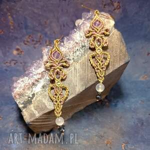 lilie złociste ametyst w makramie lekkie kolczyki plecione bigle ag 925