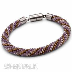 bransoletka sznur koralikowy - spiralny wzór fiolet i złoto zapięcie mag