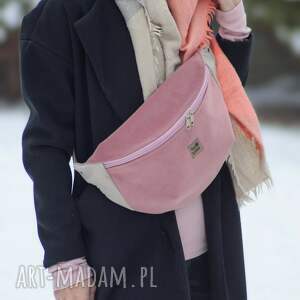 różowo - beżowa welurowa nerka xxl mini plecak torebka, pojemna saszetka