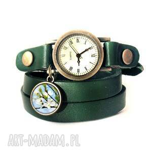 handmade bransoletka, zegarek - błękitne niebo - zielony, skórzany