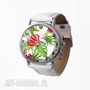 zegarek z dużą tarczą tropikalne kwiaty, skórzany, egzotyczne