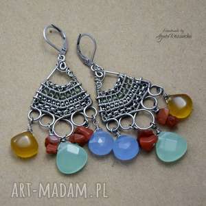 kolczyki kolorowe, boho, wire wrapping, stal chirurgiczna, jadeit chalcedon