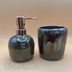 zestaw łazienkowy leśny - kubek, dozownik, ceramika do łazienki, dozownik