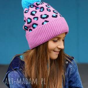 handmade czapka dla dziecka print panterka pinky blue