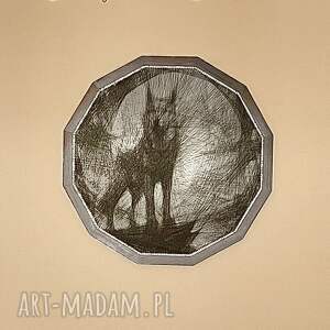 obraz wykonany nicią wilk na tle ksieżyca rękodzieło natura, ścienny