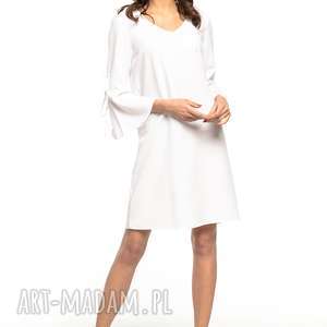 sukienki sukienka z falbanką przy rękawie i dekoltem V, t273, biały