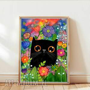 Czarny kot na szczęście A3, akwarela, kotek, sztuka, plakaty