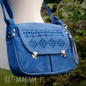 Torebka skórzana USZATY WŁÓCZYKIJ niebieski zamsz AZTECKIE WZORY