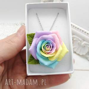 wisiorek z tęczową różą, duży kwiat ok 4 cm, stal nierdzewna, handmade
