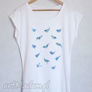 ręczne wykonanie koszulki ptaki koszulka oversize biała M l