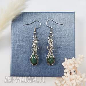 kolczyki agat mszysty stal chirurgiczna handmade wirewrapping biżuteria