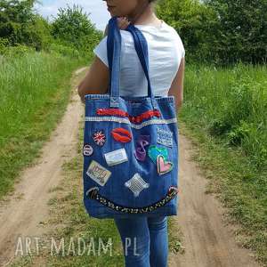 handmade na ramię torba z jeansu z naszywkami