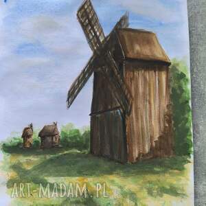 Akwarela Wiatrak Koźlak Wielkopolska Architektura Ludowa Krajobraz A3