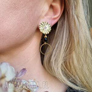 robie-co-moge, Kolczyki ze stali szlachetnej pozłacanej z czarnym onyksem i sztyftem - stal chirurgiczna