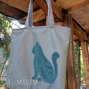 Zielona torba na zakupy z kotem - handmade na ramię