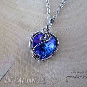 wisiorek xilion heart swarovski heliotrope, wire wrapping, stal chirurgiczna