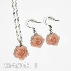 komplet - róża pudrowy róż koral, naszyjnik kolczyki biżuteria na wesele