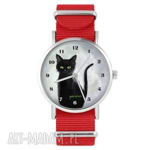 handmade zegarki zegarek - czarny kot, cyfry czerwony, nylonowy