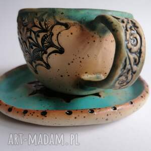 komplet mandala w turkusie 1, ceramika rękodzieło filiżanka z gliny, kubek