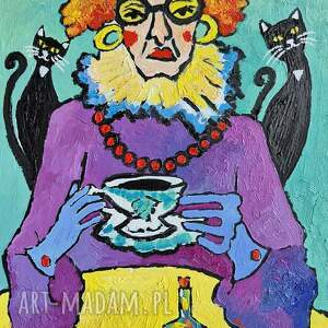 obraz do salonu babcia i koci dwór, obrazy olejne, karykatura babci