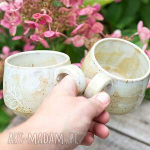 handmade ceramika handmade kubki ceramiczne z liściem | beżowe | 280 ml | 2szt